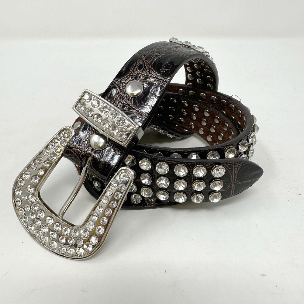 Unbranded Rhinestone Glitz 1.25"‎ Croc Embossed Leather Belt Brown Size S